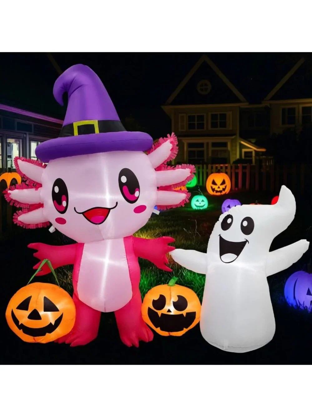 5.7FT Halloween Inflatable Axolotl Ghost with Pumpkin & LED Lights - Yard Decor